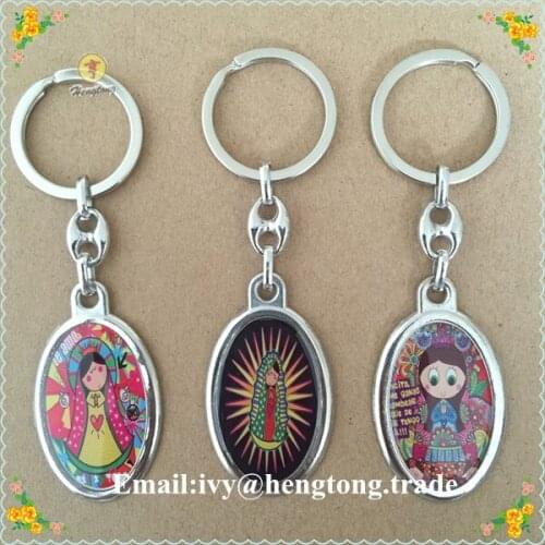 Freeshipping religious catholic rosary keychain with epoxy baby Guadalupe image, alloy keychain, keyring for wholesale