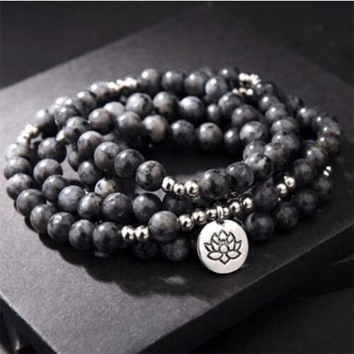 Natural Labradorite “Buddha life Tree OM” Bracelet 8mm Bead Necklace Yoga 108 Mala Stone Bracelet For Women Lotus Energy Jewelry