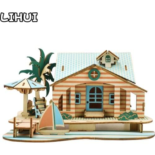 Kids Wooden Puzzle 3D Building House Jigsaw Architecture DIY Bali Villa Model Assembly Kit Educational Puzzles Toys for Children
