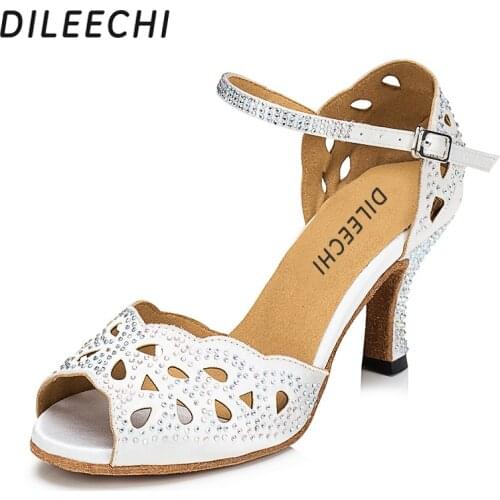 DILEECHI Womens black white satin rhinestones Latin dance shoes adult ballroom dancing shoes 7.5cm heel