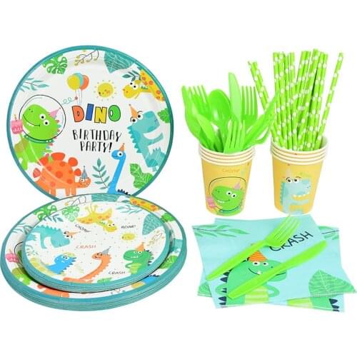 Dinosaur Disposable Tableware Cartoon Animal Dino Happy Birthday Supplies Kids Birthday Anniversary Party Decorations Dinnerware