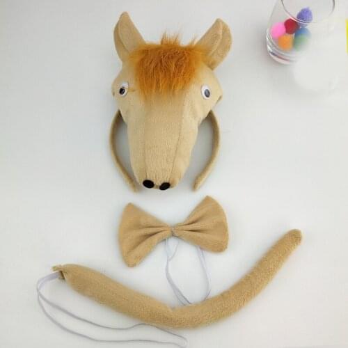 Adult Animal 3D Horse Headband Bow Tie Tail Cosplay Costume Set Performance Props Party Christmas Halloween Costume for Kids