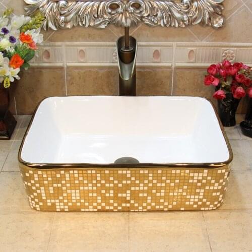 Jingdezhen Ceramic Washbasin Gold And White mosaic bathroom sink wash basin rectangular