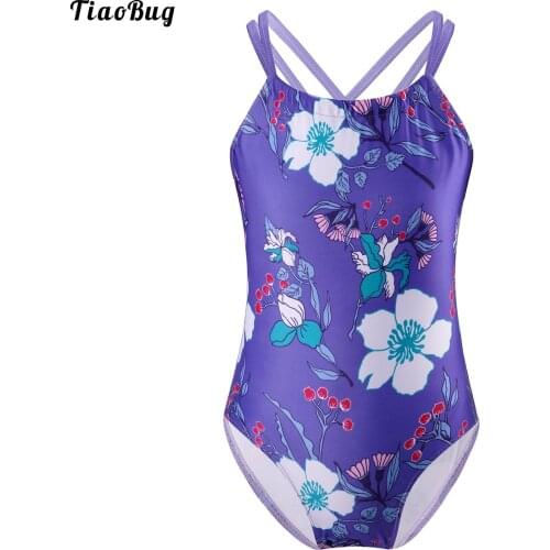 TiaoBug Summer Kids Girls Floral Print One-Piece Swimming Jumpsuit Halter Neck Shoulder Straps Criss Cross At Rear Swimwear