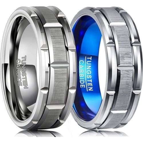 Fashion Mens 8MM Tungsten Carbide Ring Silvery Blue Brushed Double Groove Pattern Mens Wedding Ring Party Jewelry Gift
