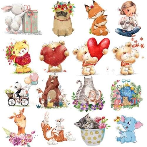 Cartoon Cat Stripe Animal Iron-On Transfers For Clothing Thermo Stickers On Fabric Stripes On Kids T-shirt Bear Flowers Applique