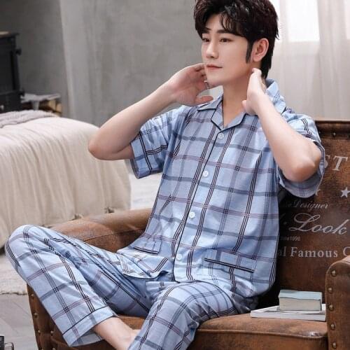2021 Autumn Winter Men Pajamas Set Turn-down Collar Short Sleeve Trousers Sleepwear Leisure Pyjama Night Pijamas Home Wear 3XL