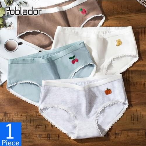 Poblador Cute Cartoon Embroidery Womens Cotton Panties Underwear Seamless Briefs Mid Waist Comfort Breathable Lady Lingerie