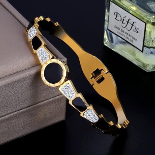 Luxury Crystal CZ Zircon Charm Beads Roman Numerals Wristband Bangles For Fashion Zirconia Big Black Stone Women Bangles Jewelry