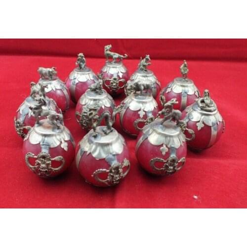 Old Decorated Handwork Inlay tibet-silver Dragon 12 Zodiac Red Jade Ball Statue