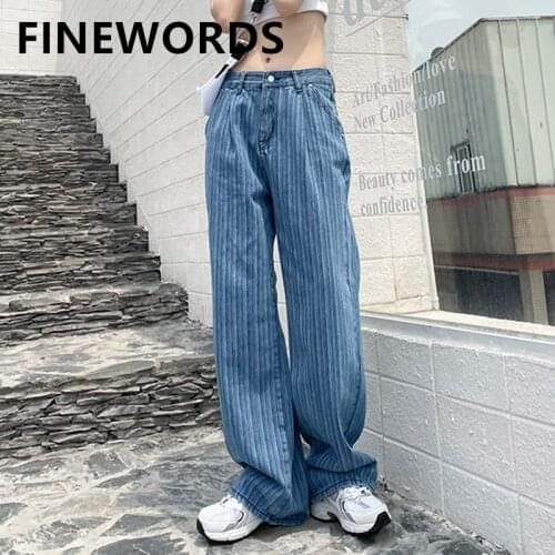 FINEWORDS Vintage Striped High Waist Jeans Korean Casual Full Length Wide Leg Jeans Washed Plus Size Loose Straight Mom Jeans