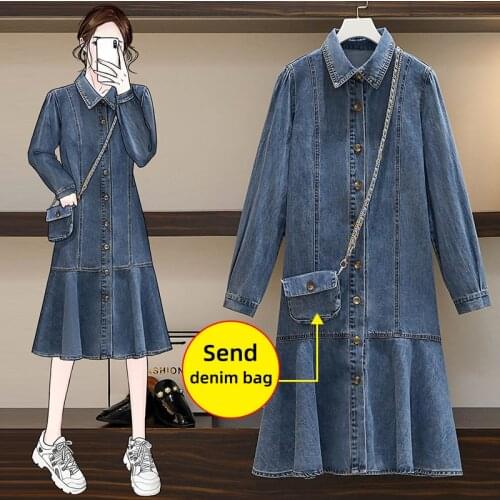 EHQAXIN Plus Size Womens Denim Dresses Summer Autumn Casual Buttons Ruffled Wild Mid-Length Loose Denim Dress With Bag L-4XL