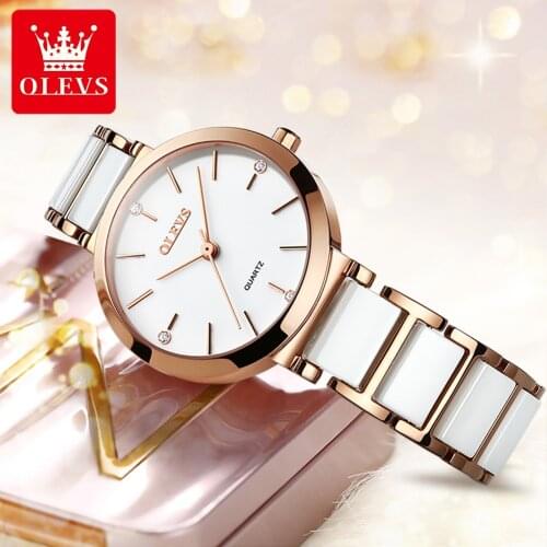 OLEVS Ladies Luxury Rhinestone Stainless Steel Quartz Watch Ladies Business Watch Ceramic Strap Quartz Movement Relogio Feminino