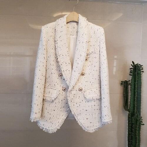 2020 Autumn winter women elegant buttons tassel tweed blazer coats OL female slim shawl collar jackets white black Y711