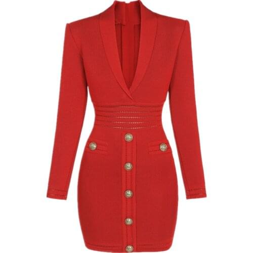 Top Quality Sexy Long Sleeve V Neck Red Black Button Women Winter Dress 2021 High Street Evening Party Dress Vestidos