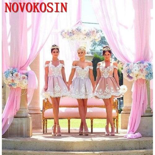 2019 Stylish Short Princess Dresses for Wedding Cocktail Party Off the Shoulder Mini Lace Appliqued Satin Prom Gowns