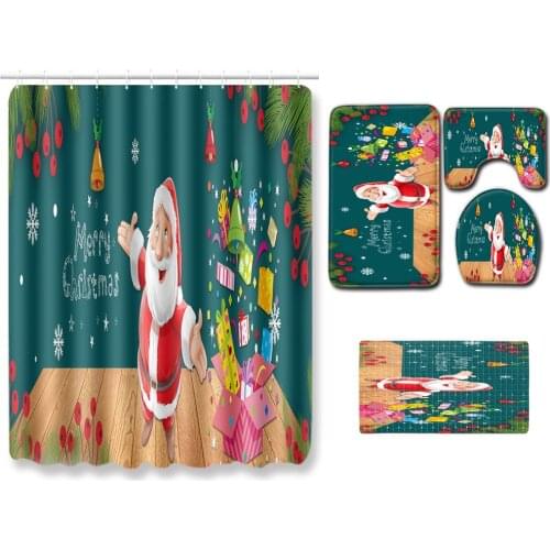5pcs/set Merry Christmas Decoration Doormat Santa Claus Printing Flannel Floor Bath Mat Set And Shower curtain And Bathroom Mat