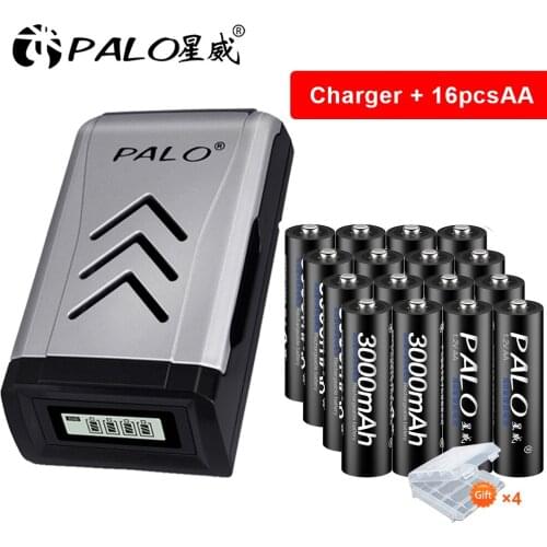PALO 4-16pcs 1.2V AA rechargeable battery aa 2a Pre-charged battery 3000mah rechargeable AA battery+AAA AA battery charger
