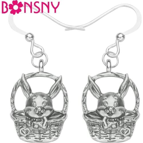 Bonsny Antique Sliver Plated Basket Easter Bunny Rabbit Earrings Animal Dangle Drop Jewelry For Women Girls Classic Gift Charms