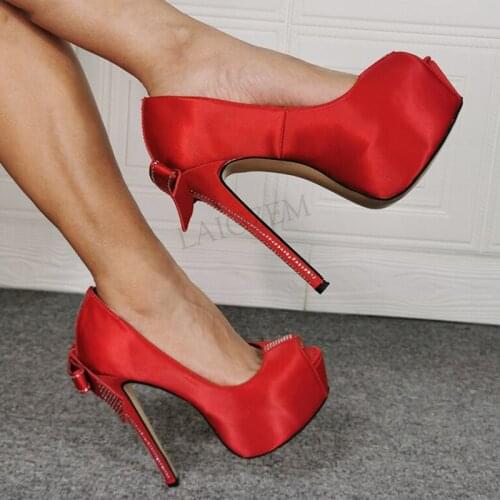 BERZIMER Women Platform Heels Pumps Peep Toe Studded High Heels Wedding Party Zapatillas Prom Shoes Woman Big Size 41 45 46 52