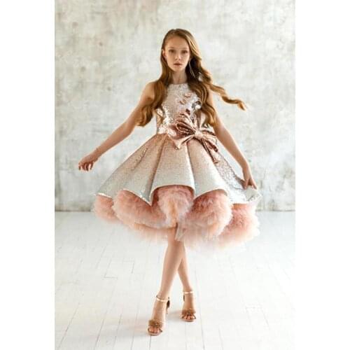Shiny Sequins Flower Girls Dresses Sleeveless Tulle Tiered TuTu Girls Pageant Gowns Gorgeous Puffy Prom Dresses