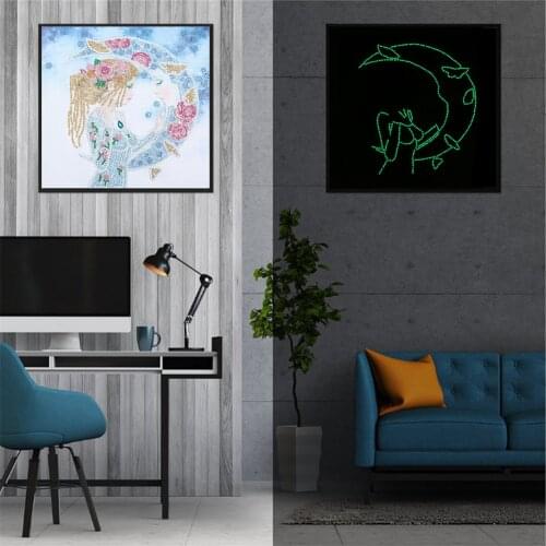 HUACAN Luminous Special Shaped Diamond Painting Portrait 5D DIY Diamond Embroidery Sale Girl Moon Mosaic Handmade Gift