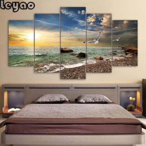 Diamond painting Wall Art Kitchen Restaurant Decor 5 Pieces Sunset Landscape Animal Seagull Beach full diamond embroidery crafts