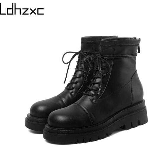 LDHZXC Black Brown New Winter Boots Women Shoes Nature Leather Thick High Heel Warm Boots Lace Up Platform Ankle Boots