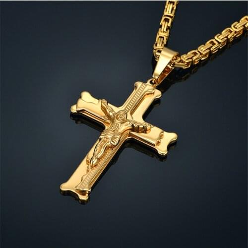 Fashion Byzantine Chain,Christ Cross Stainless Steel Long Necklace for Men Gold Color Statement Necklace Jewelry collares largos