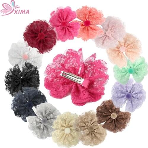XIMA 14pcs/lot Fashion Lace Flower with Cute Ball Girls Hairpins Flowers Ribbon Barrette Girls Hair Accessories 4inch Flower Bow