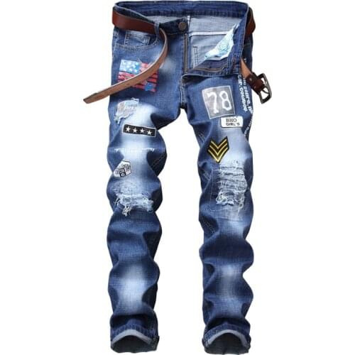 Mens ripped blue jeans trendy slimming elastic denim pants patched prints casual jeans men daily long pants