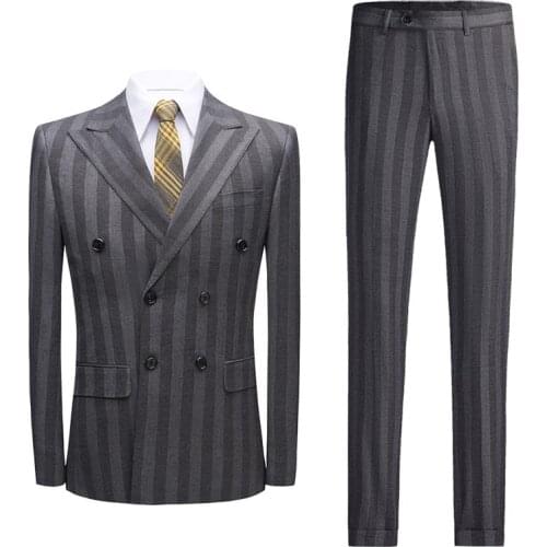 Mens 2 Piece Double Breasted Suit Slim Fit Pinstriped Tuxedos For Wedding Prom Groomsmen Party Green Dress Blazer Pants