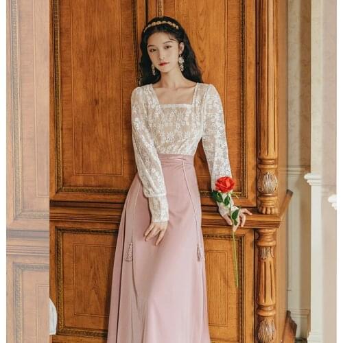 2020 new fashion womens clothing Vintage Full Square Collar 2 piece set women