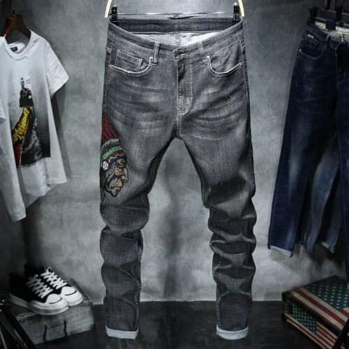 2020 New Fashion Male Slim Fit Jean Pants Vintage Embroidery Elastic Pencil Pants Streetwear Slim Fit Denim Pants Plus Size