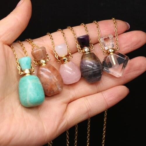 Natural Stone Agates Crystal Perfume Bottle Fluorite Clear Quartzs Necklace Pendant Essential Oil Diffuser Necklace Jewelry Gift