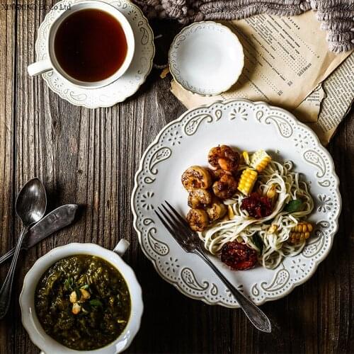 Retro European Palace Ceramic Western Plate White Cup Steak Dim Sum Bowl 10-inch Square Salad Plate French Embossed Tableware
