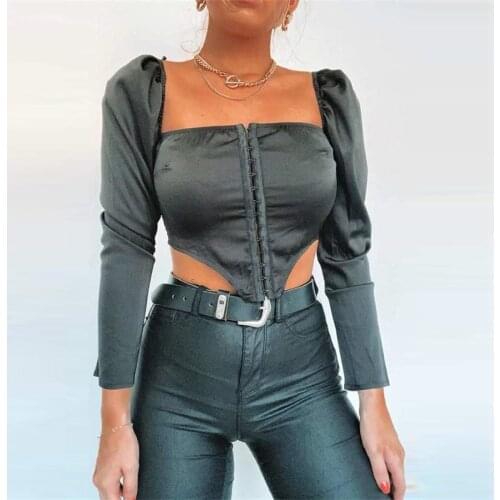 Long-sleeved Chic Top Casual Stretch T-shirt 2020 Autumn Womens Square Neck Bubble Long-sleeved Cordless Slim Stretch Tights