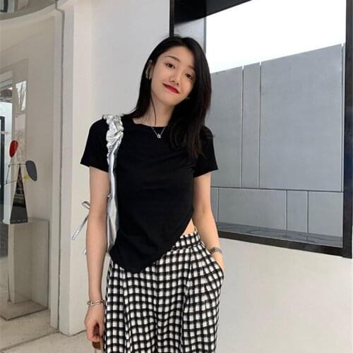 Irregular Crop Top T Shirt Women 2021 Summer New Solid Color Korean Style Tops Bareback Slim Womens Black Cotton T-Shirt Design