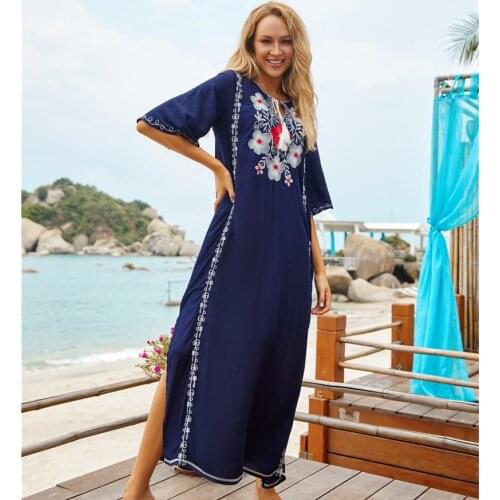 Embroidery Cotton Beach Tunic Beach Cover Up Saida De Praia Swimsuit Women Bikini Cover Up Pareo Sarong Beachwear