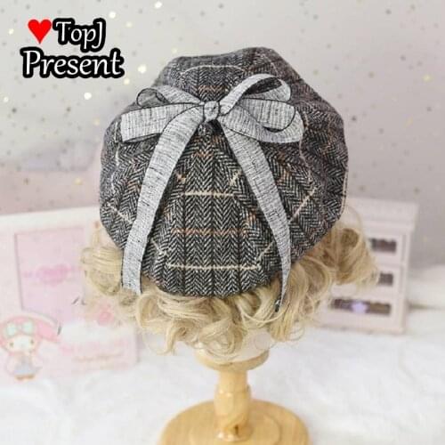 Japanese sweet and lovely stripe check octagonal cap retro Lolita Beret cute autumn and winter soft girl beret