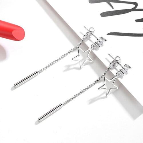 925 Sterling Silver Elegant Hollow Star Zircon Long Tassel Earring With Bar Drop Earrings Jewelry For Women Girl S-E444