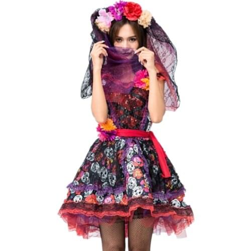 Adult Womens Sugar Skull Dia Costumes Mexican Day of the Dead Makeup Party Flower Fairy Ghosts Bride Dress