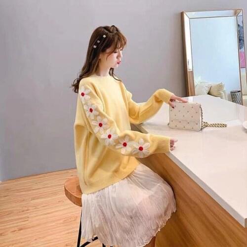 H9565 Sweet Knitted Sweater Autumn Winter Women Loose College Pullover Girl Student Round Collar Embroidery Flower Jumper Tops