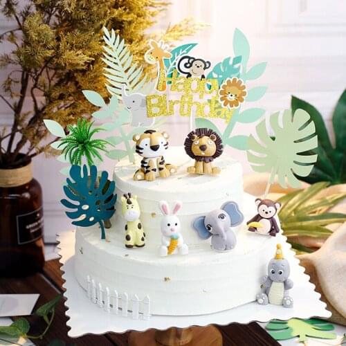 Animals Theme Cake Topper Soft clay Lion Tiger Elephant Monkey Animals Jungle World Kids Birthday Party Cake Decoration Supplies
