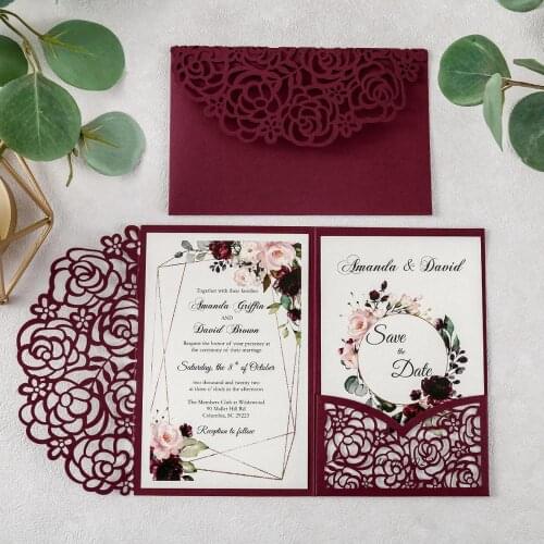 100pcs Burgundy New Rose Wedding invitation Laser Cut Hollow with Flower Pockets and Envelopes for Wedding/Quinceanera/Birthday