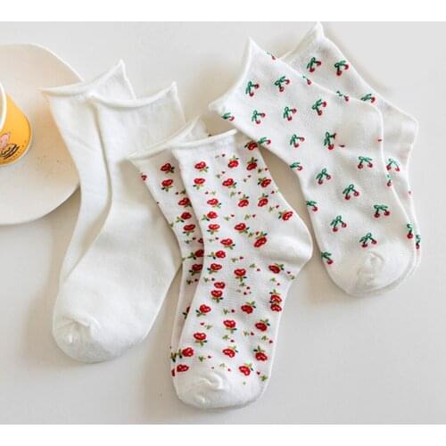 3 Pairs/lot Ladies Curled Socks Full Of Love Small Flowers White Cherry socks Japanese Women Fresh Tube Piled Breathable Socks