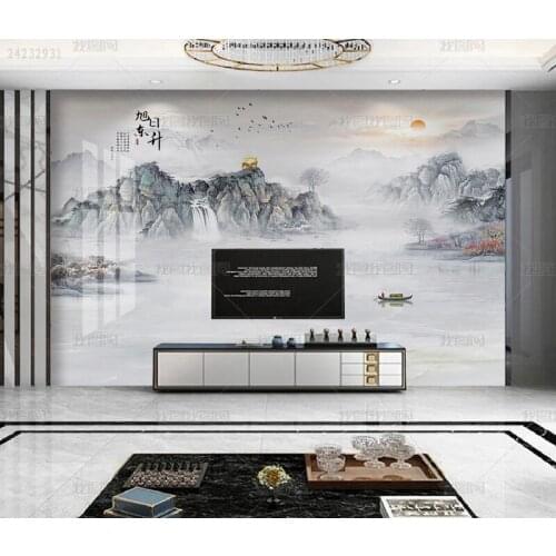 3D sunrise wallpaper new Chinese living room TV sofa artistic conception landscape painting background wall decoration mural