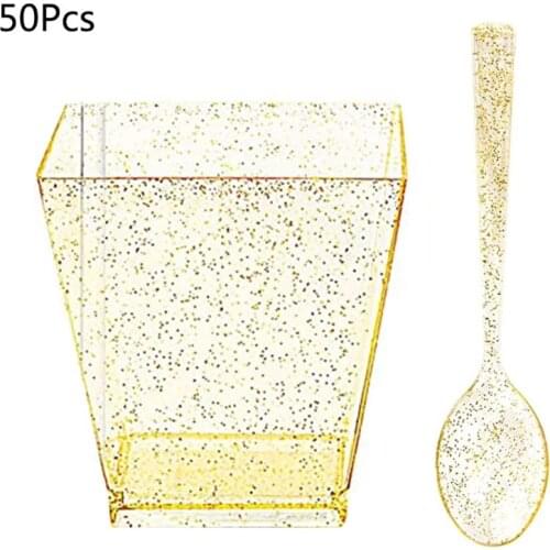 50Pack Square Small Dessert Cups-4oz Disposable Gold Glitter Plastic Bowls 896A