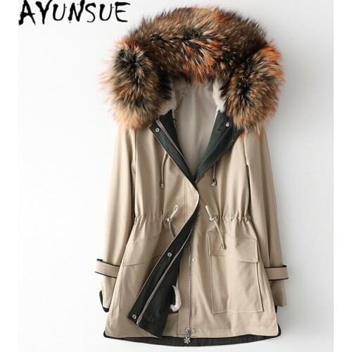 AYUNSUE Parka Real Fur Coat Female Natural Rabbit Fur Liner Winter Jacket Women Raccoon Dog Fur Collar Hooded 2020 HQ20-JJ2001C
