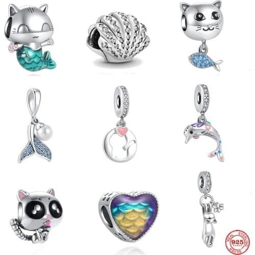 Hot New Mermaid Bead Pendant Dangle Cute Cat Dolphin Charm Fit Pandora Original Sterling Silver 925 Bracelet For Girl Jewelry